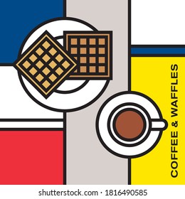 Coffee cup with two square waffles. Modern style art with rectangular color blocks. Piet Mondrian style pattern.