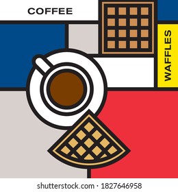 Coffee cup with two waffles. Modern style art with rectangular color blocks. Piet Mondrian style pattern.