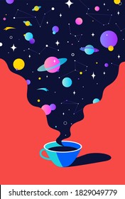 Coffee. Cup of coffee with universe dreams, planet, stars, cosmos. Modern flat illustration. Banner for cafe, restaurant, menu, coffee dreams theme. Color contemporary art style. Vector Illustration