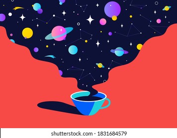 Coffee. Cup of coffee with universe dreams, planet, stars, cosmos. Modern flat illustration. Banner for cafe, restaurant, menu, coffee dreams theme. Color contemporary art style. Vector Illustration