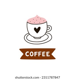 Coffee cup vector clipart. Hand drawn cappuccino illustration and lettering