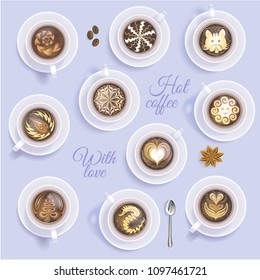 Coffee cup vector coffeecup and drink hot espresso or cappuccino with art drawing in coffeeshop and mug with caffeine or r coffeebeans in bar illustration isolated on background
