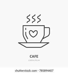 Coffee cup vector flat line icon. Cafe linear logo. Outline symbol of hot drink.