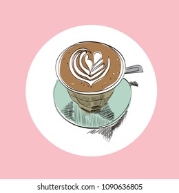 coffee cup vector hand drawn illustration. flat white latte sketch. hand drawn cafe watercolor drawing. 