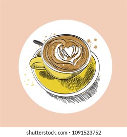 coffee cup vector hand drawn illustration. flat white latte sketch. hand drawn cafe watercolor drawing.