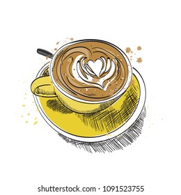 coffee cup vector hand drawn illustration. flat white latte sketch. hand drawn cafe watercolor drawing.