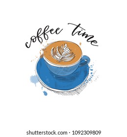 coffee cup vector hand drawn illustration. flat white latte sketch. hand drawn cafe watercolor drawing.