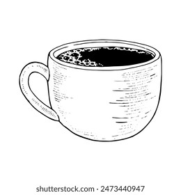 Ilustración dibujada a mano de Vector de taza de café. Espresso en dibujo de tazas blancas. Clipart de chocolate caliente para estampados e íconos vintage. Bebida en estilo retro para logos de la tienda y pegatinas