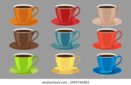 Coffee cup vector icon collection. Collection of symbols with various colors of coffee and tea cups. Vector Illustration.