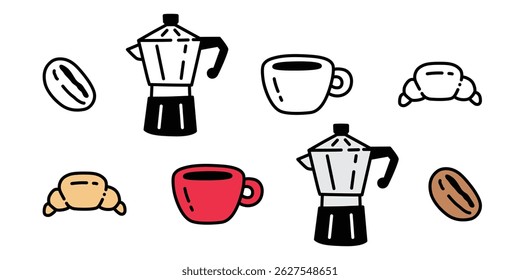coffee cup vector icon croissant hot tea pot cafe cartoon character bakery baked drink water food doodle symbol illustration clip art isolated design