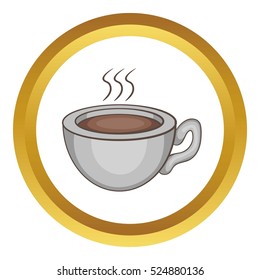 Coffee cup vector icon in golden circle, cartoon style isolated on white background