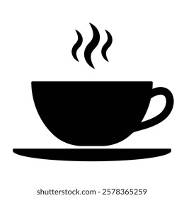 Coffee cup vector icon. Hot beverage mug illustration for cafe, tea, or coffee shop designs. Black silhouette isolated on white background.