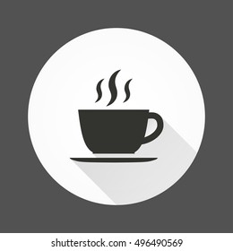 Coffee cup vector icon with long shadow. Black Illustration isolated for graphic and web design.