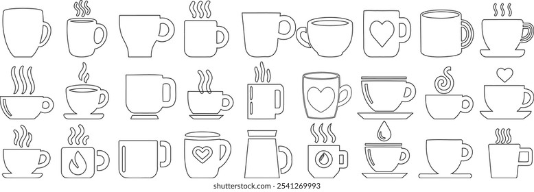 Coffee cup vector icon set, mugs, steaming beverages, hearts, and coffee pots. coffee pot silhouette for cafes, baristas, restaurant designs illustration, and coffee related projects