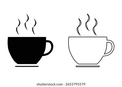 Ícone de vetor de xícara de café definido.  Ícone de bebida quente, copo descartável. Copie café com vapor. Ícone de vetor no fundo branco. Ilustração vetorial. 