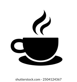 Coffee cup vector icon with steam in black color on white background
