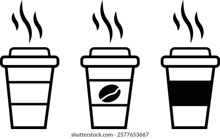 Coffee cup vector icons set. hot coffee or tea cup symbol with steam sign. Paper coffee cup icon