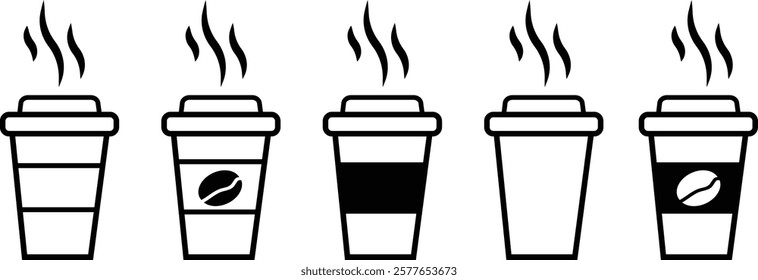 Coffee cup vector icons set. hot coffee or tea cup symbol with steam sign. Paper coffee cup icon