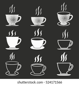 Coffee cup vector icons set. White illustration isolated on black background for graphic and web design.