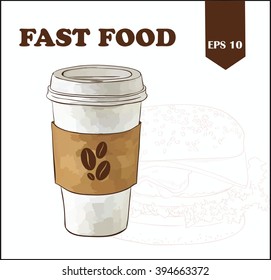A coffee cup vector illustration with coffee beans on label