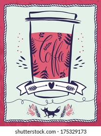 A coffee cup vector illustration with the calligraphic word coffee, design card