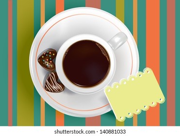 Coffee cup. The vector illustration of a cup of coffee decorated with visit card and sweets.