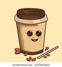 Coffee cup vector illustration, disposable coffee mug, brown flat hot coffee glass paper isolated flat icon, flat cartoon design