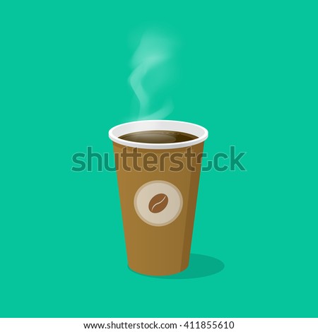 Coffee cup vector illustration, disposable coffee mug, brown flat hot coffee glass paper isolated flat icon, steam on green background, flat cartoon design