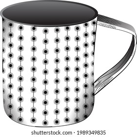 COFFEE CUP VECTOR ILLUSTRATION WITH FLORAL PATTERN PRINTS ON IT BLACK AND WHITE CLIP ART LINE DRAWING.DECORATIVE MUG VECTORE LINE ART