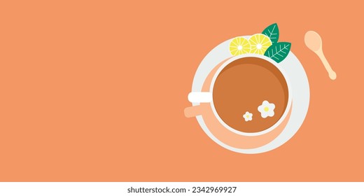 Coffee cup vector illustration with green leaves, lemon and a sugar spoon, coffee day illustration with brown background