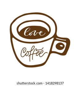 Coffee cup vector illustration. Hot drink concept. Design element for poligraphy, cards, quotes, posters, covers of notebooks, sketchbooks. Sketch line drawing of cup of coffee.Hand-drawn picture.