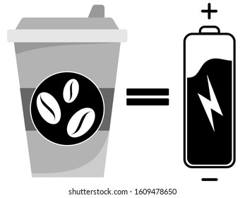 Coffee cup vector illustration isolated on background with battery vector icon. ( Recharge your energy) 
