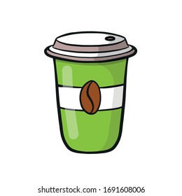 

Coffee cup vector illustration isolated on white background. Plastic green coffee cup in a flat style. Coffee to go.