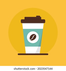Kaffeetasse, Vektorgrafik einzeln auf gelbem Hintergrund. Plastikkaffee mit heißem Kaffee im Flachstil