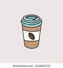Ilustración vectorial de copa de café aislada en el fondo. Café de plástico con café caliente en estilo de dibujo a mano.