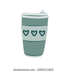 Coffee cup vector illustration isolated on white background. Plastic coffee cup with hot coffee in flat style. Heart pattern.