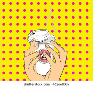 Coffee cup vector illustration isolated on background. Plastic coffee cup with hot coffee in flat style. Shop label. pop art illustrations. Template Vector