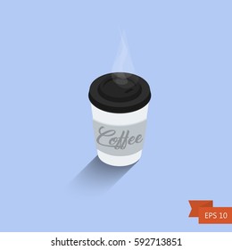 Coffee cup. Vector illustration. Isometric coffee icon isolated on blue background. Hot drink. Fast food. Coffee to go.