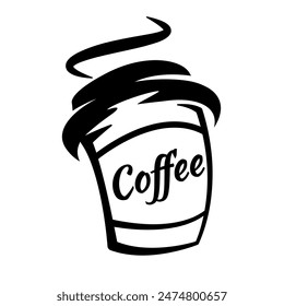 Coffee cup vector illustration. Coffee mug logo. Hot drink take away banner. Cafeteria beverage to go icon. Cafe symbol. Espresso, latte or cappuccino isolated sticker.