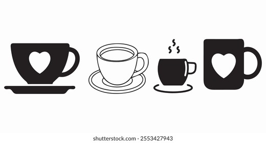 Coffee cup Vector Illustration, Tea cup icon set. Cups of coffee and tea symbol collection. cup a coffee icon, Hot coffee cup icon isolated, Tea mug with steam. tea pot clipart isolated.
