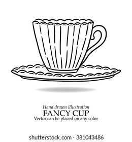 coffee cup vector illustration or cup of tea, fancy antique cup on plate, hand drawn mug or beverage set design