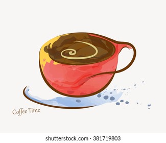 Coffee Cup Vector. Lines forms an abstract coffee cup colored with watercolor. Can be used as an corner element, part of menu, in advertisement, banner, poster etc.