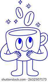 Coffee cup vector logo design and graphic elements for advertising, branding, posters and banners, funny cartoon illustration with smiling character, mascot, print and stickers