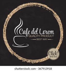Coffee cup vector logo design template with golden ring. Vector coffee shop labels