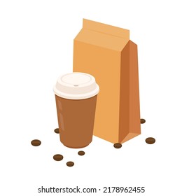 Coffee cup vector. Coffee cup on white background. Coffee cup, Coffee bean and Paper bag vector.