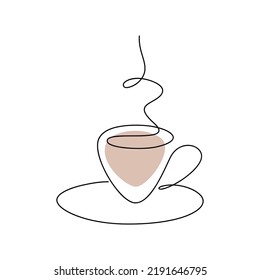 Coffee cup vector one line continuous drawing illustration. Hand drawn linear silhouette icon. Minimal design element for print, banner, card, wall art poster, brochure, postcard.