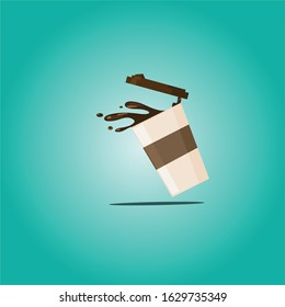 Coffee cup vector simply flat illustration, coffee splash from paper cup isolated, green background,
