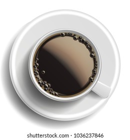 Coffee Cup Vector. Top View. Hot Americano Coffee. Espresso Fast Food Cup Beverage. Bubbles. White Mug. Realistic Isolated Illustration