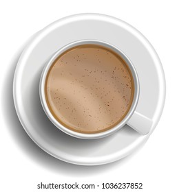 Coffee Cup Vector. Top View. Hot Raf Coffee. Milk, Espresso, Syrup. Fast Food Cup Beverage. White Mug. Realistic Isolated Illustration