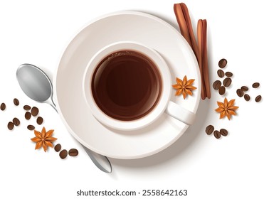 Coffee Cup Vector. Top View. Hot Americano Coffee. Espresso Fast Food Cup Beverage. Bubbles. White Mug. Eps 10.realistic